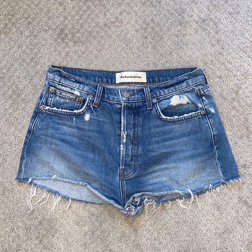 Reformation high rise dark wash denim shorts